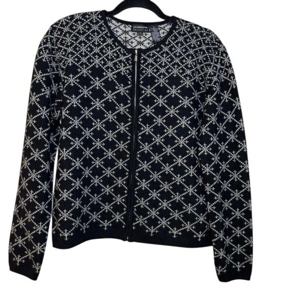 Liz Claiborne Collection Zip Cardigan Small Wool Blend Sparkly Silver Snowflakes